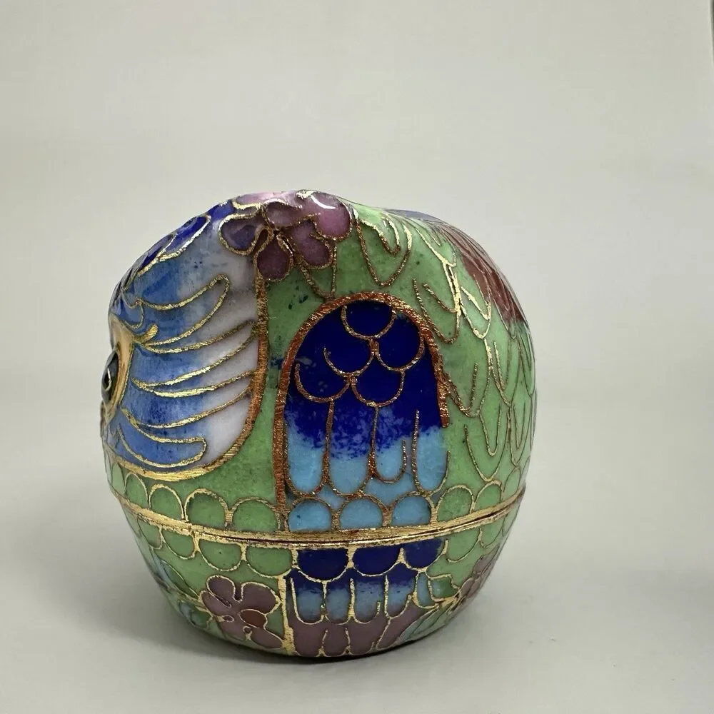 VTG Cloisonne Owl Trinket Box Mini Enamel Bird Figurine Jewelry Pill Box 2”